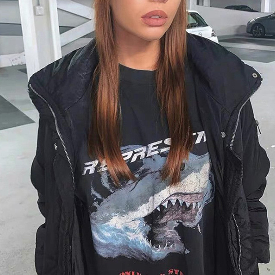 Shark Print Washed Short Sleeve Shirt