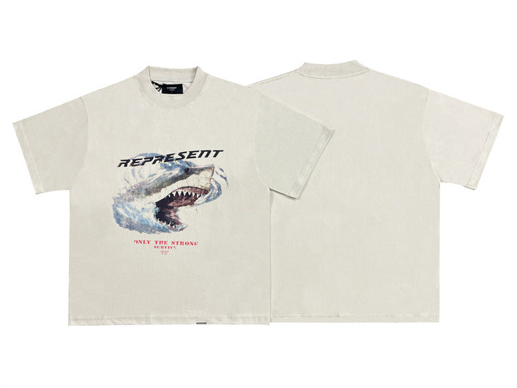 Shark Print Washed Short Sleeve Shirt